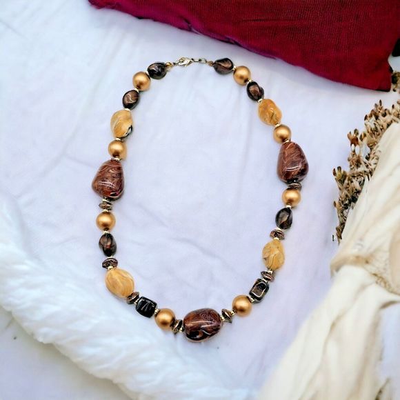 Marbled Faux Stone Necklace Chunky Statement Brown Camel Gold Beaded Jewelry - Picture 5 of 6